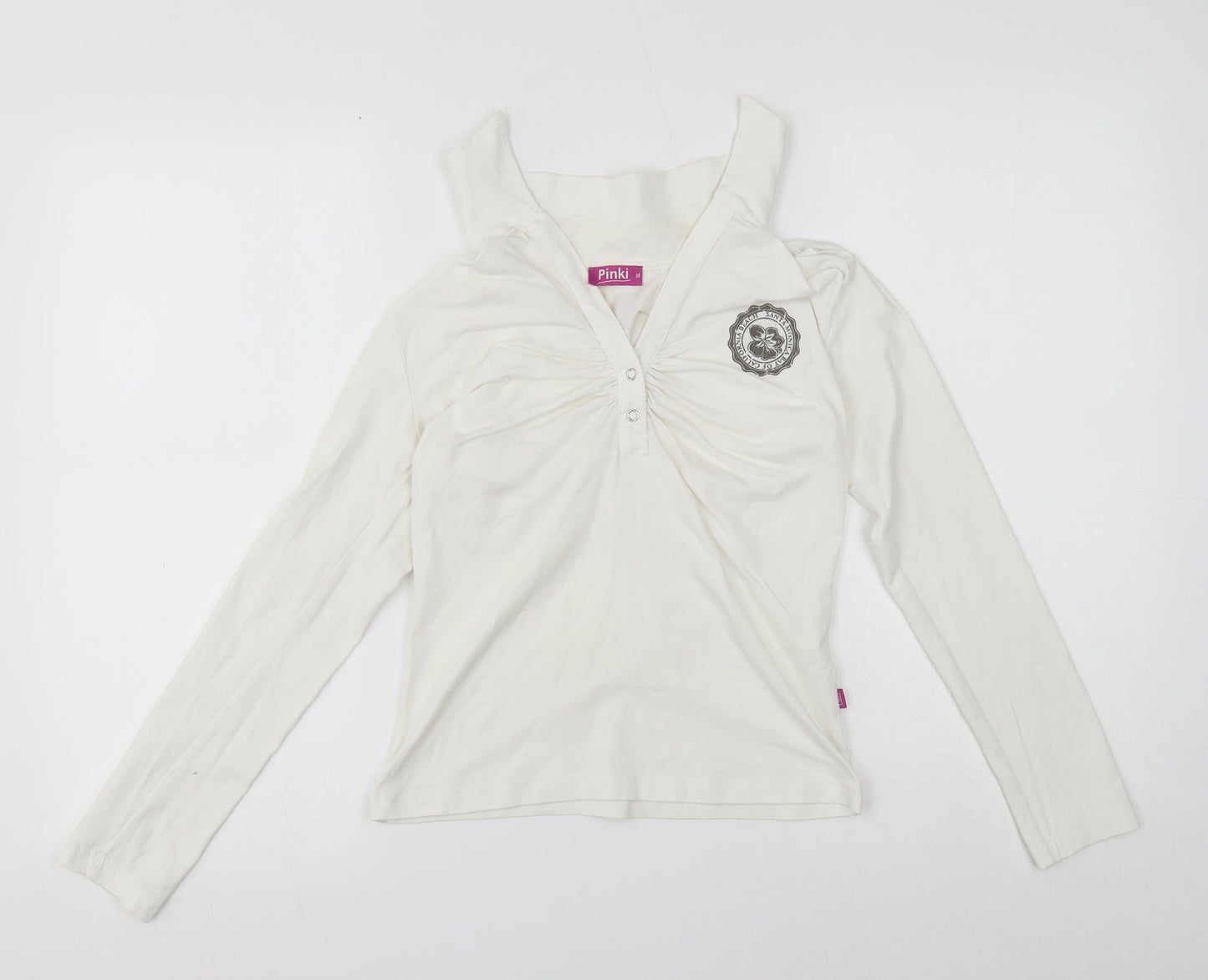 Pinki Womens White Cotton Basic T-Shirt Size M V-Neck