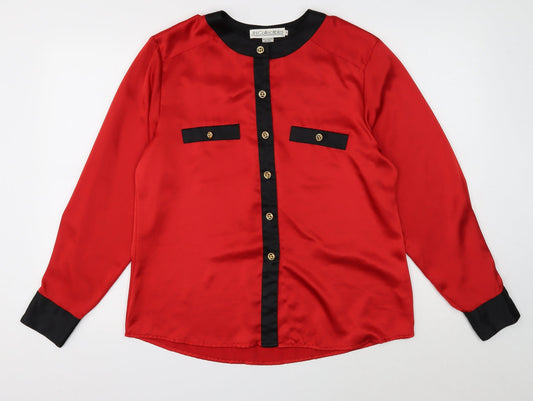 JH Collectibles Womens Red Polyester Basic Button-Up Size 12 Round Neck - Contrasting Trim