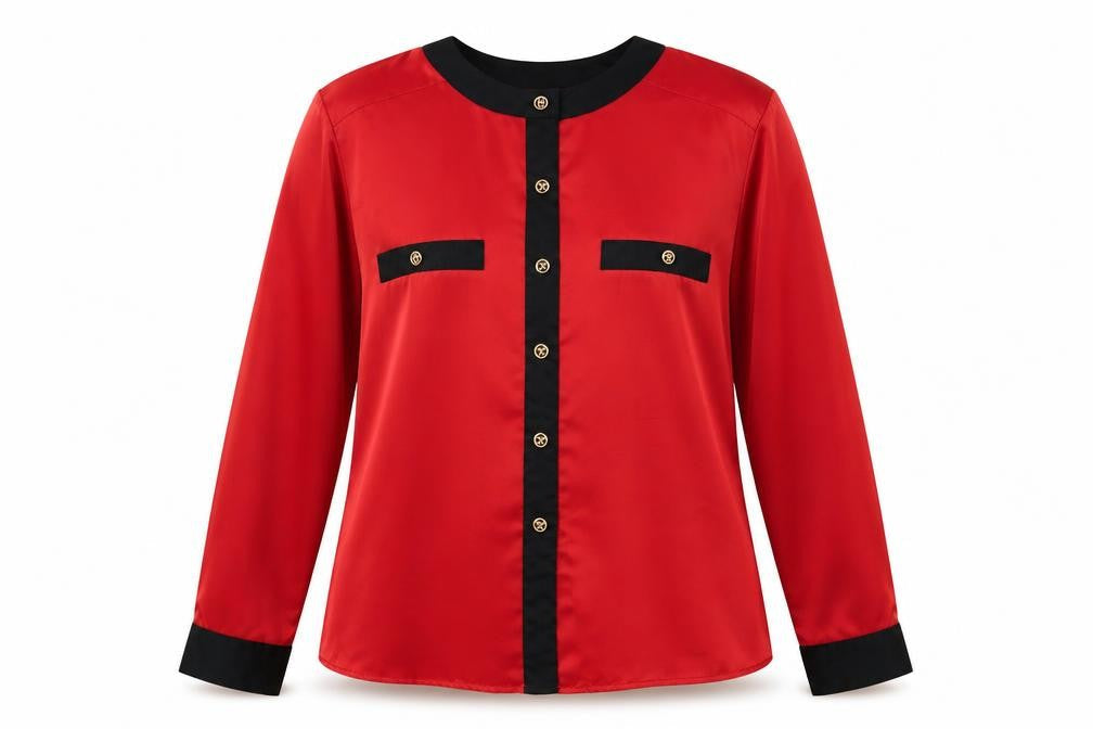JH Collectibles Womens Red Polyester Basic Button-Up Size 12 Round Neck - Contrasting Trim