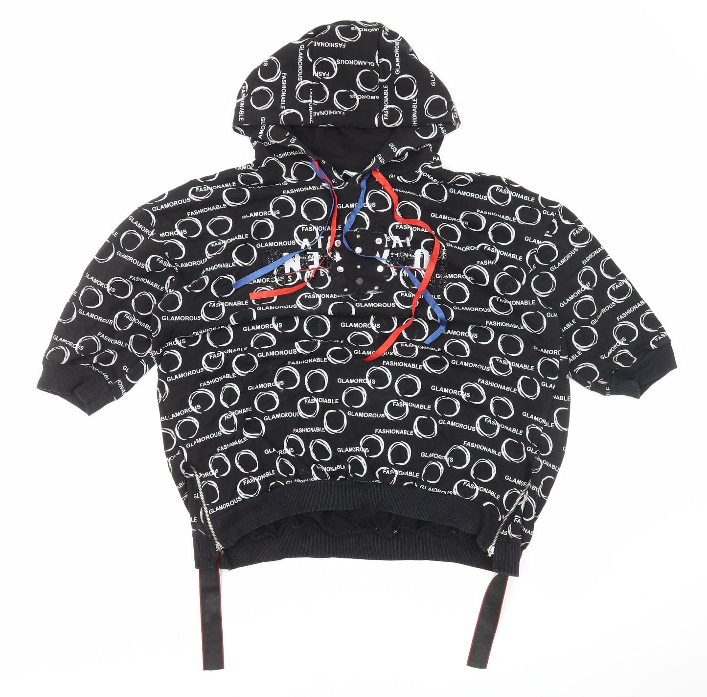 La Rosa Womens Black Geometric Cotton Pullover Hoodie Size M Pullover