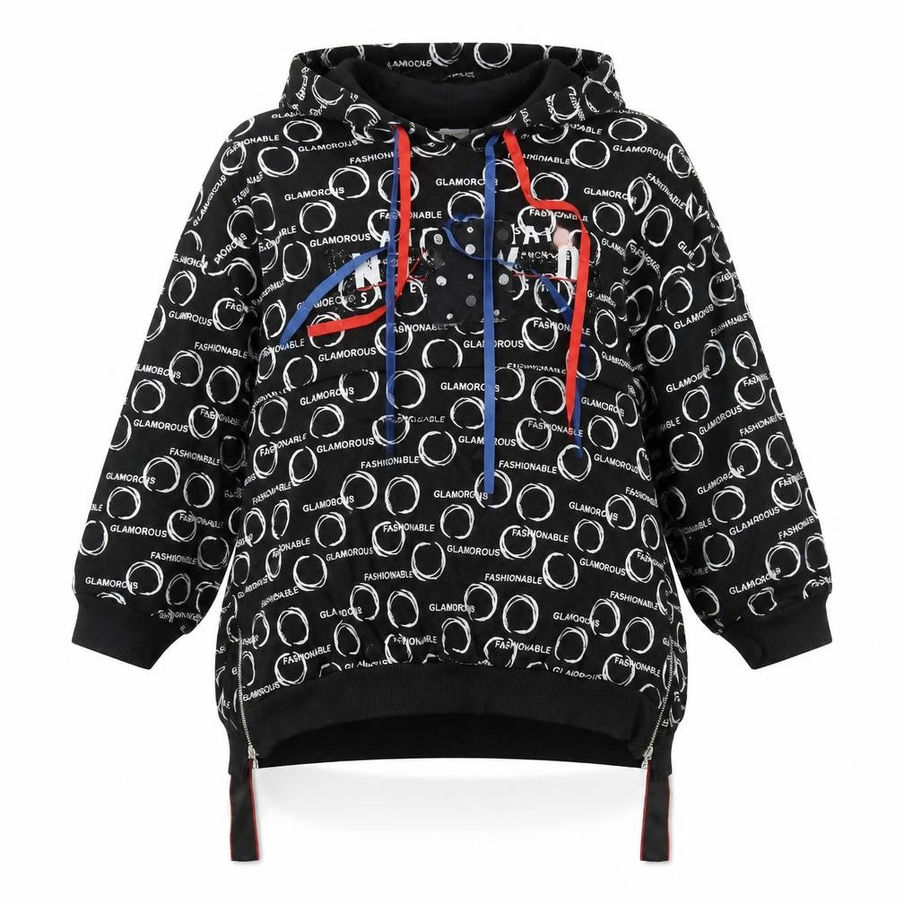 La Rosa Womens Black Geometric Cotton Pullover Hoodie Size M Pullover