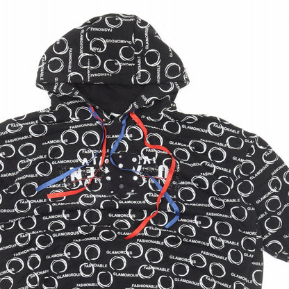 La Rosa Womens Black Geometric Cotton Pullover Hoodie Size M Pullover