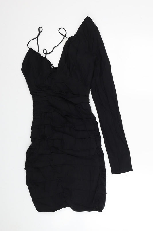 Zara Womens Black Linen Mini Size XS One Shoulder Zip