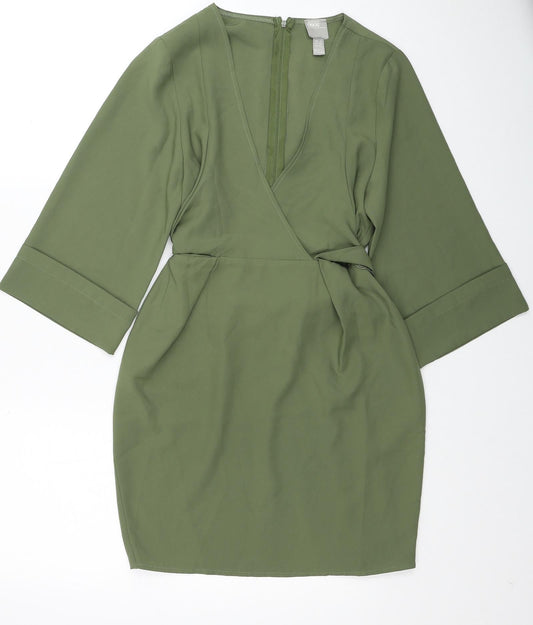 ASOS Womens Green Herringbone Polyester Mini Size 2 V-Neck Zip