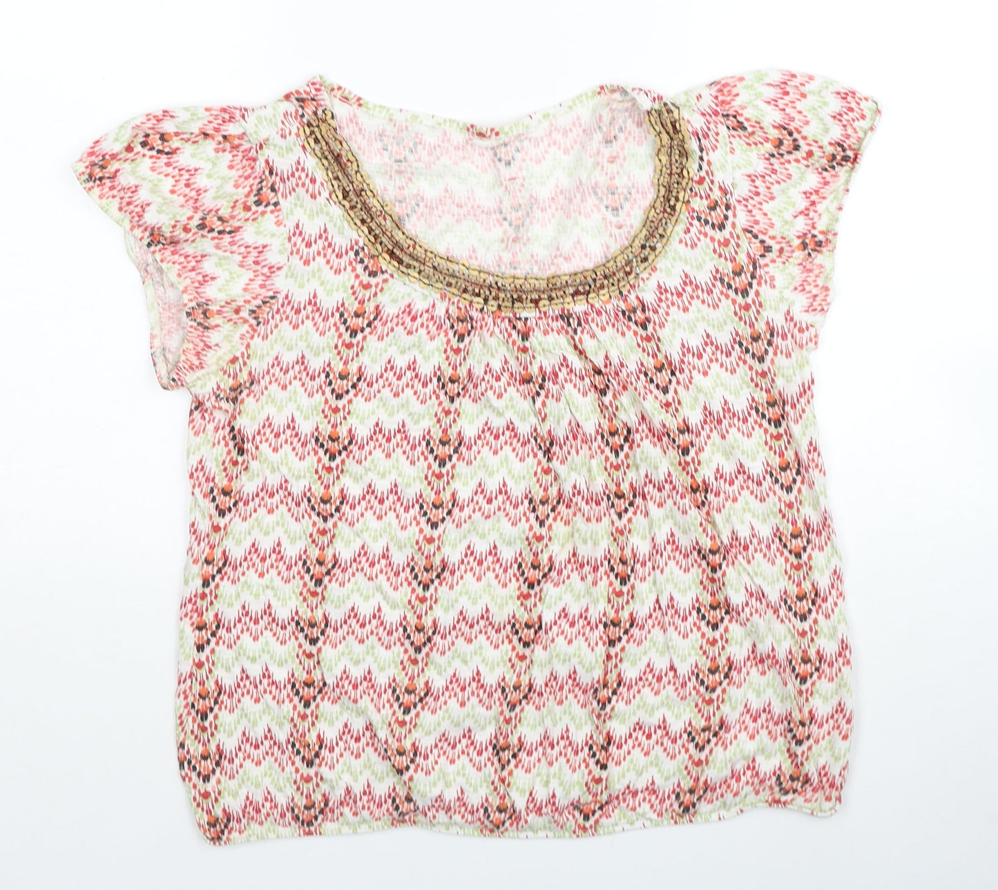 BHS Womens Multicoloured Geometric Cotton Basic T-Shirt Size 14 Scoop Neck - Embellished Neckline