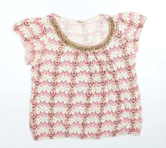 BHS Womens Multicoloured Geometric Cotton Basic T-Shirt Size 14 Scoop Neck - Embellished Neckline