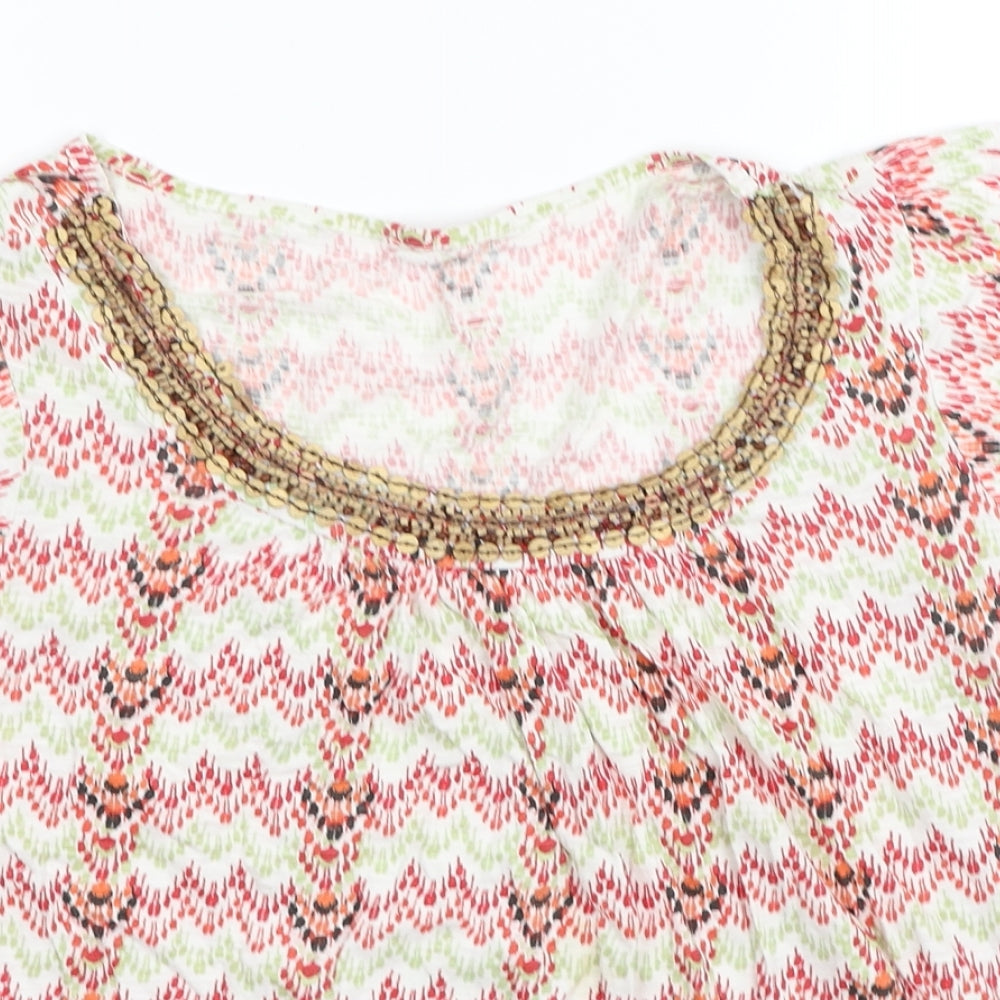 BHS Womens Multicoloured Geometric Cotton Basic T-Shirt Size 14 Scoop Neck - Embellished Neckline