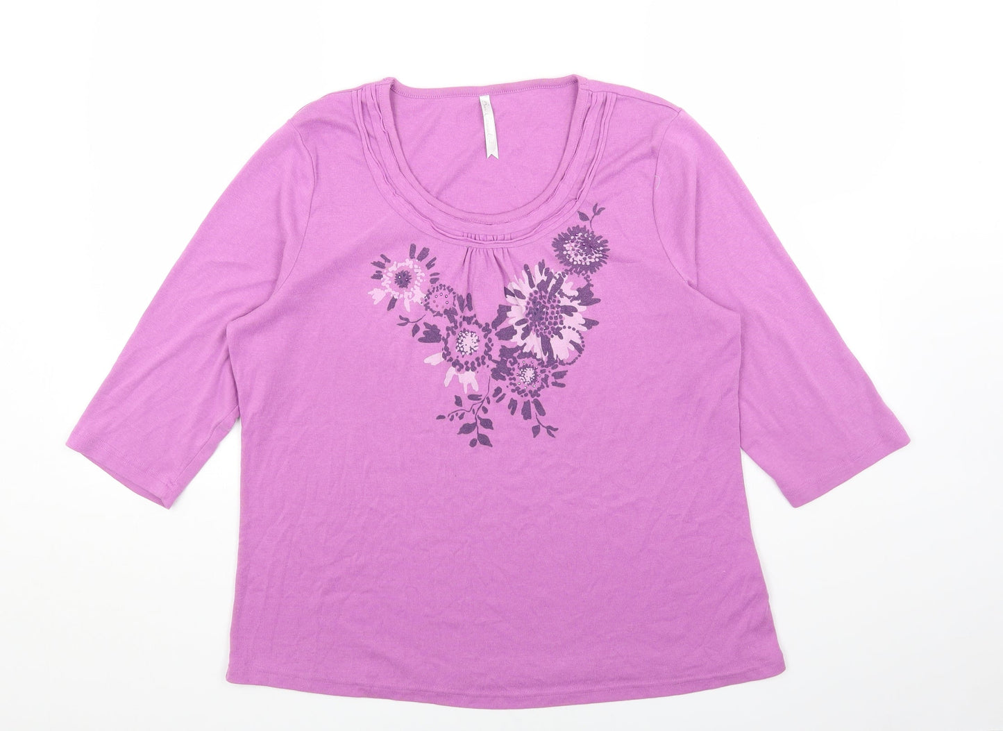 BM Womens Purple Polyester Basic T-Shirt Size L Scoop Neck - Flowers