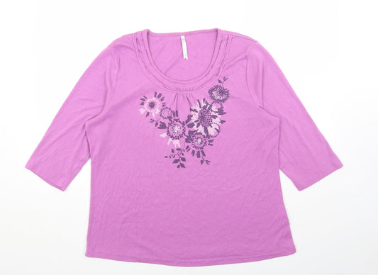 BM Womens Purple Polyester Basic T-Shirt Size L Scoop Neck - Flowers