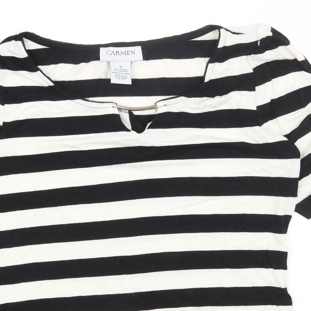 Carmen Womens Black Striped Viscose Basic T-Shirt Size S Scoop Neck