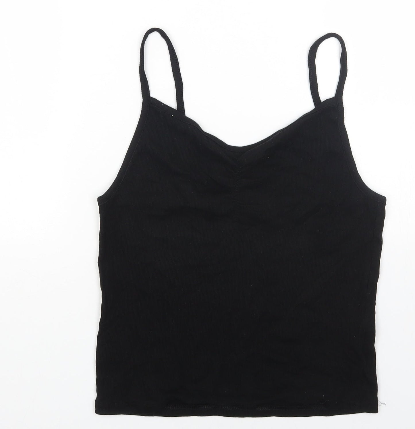 H&M Womens Black Cotton Camisole Tank Size L V-Neck - Ribbed Ruched Front
