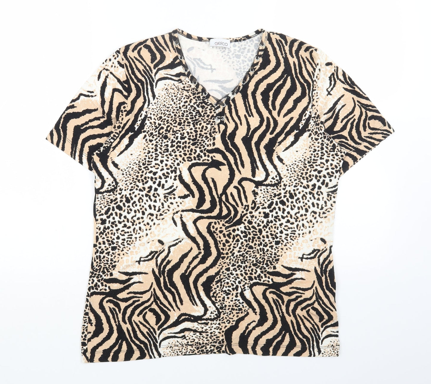 Gelco Womens Brown Animal Print Viscose Basic T-Shirt Size 16 V-Neck - Tiger Print