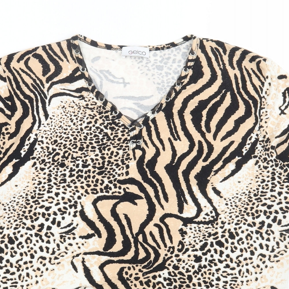 Gelco Womens Brown Animal Print Viscose Basic T-Shirt Size 16 V-Neck - Tiger Print