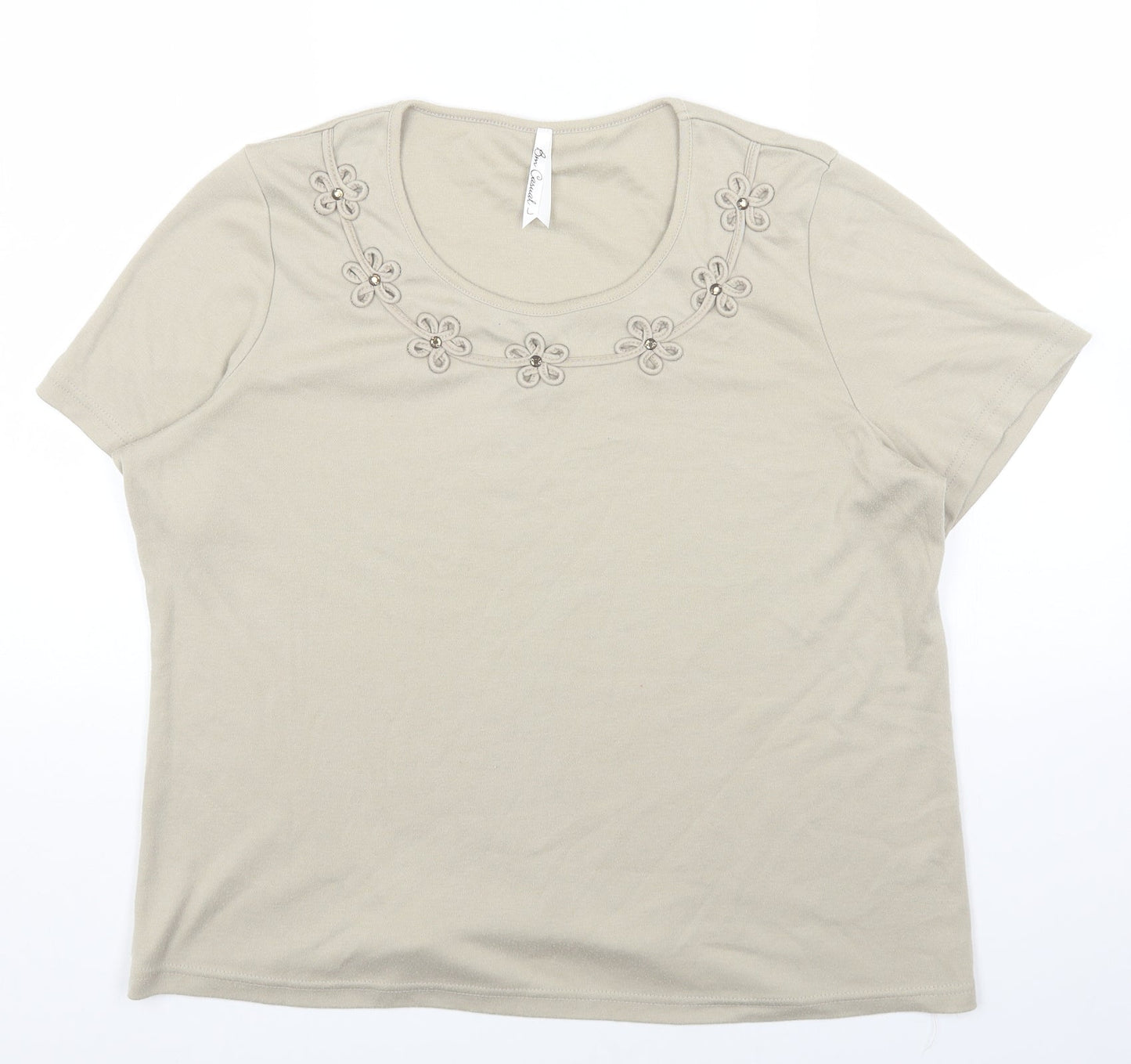 BM Womens Beige Polyester Basic T-Shirt Size L Round Neck