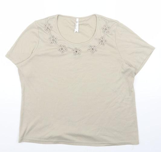 BM Womens Beige Polyester Basic T-Shirt Size L Round Neck