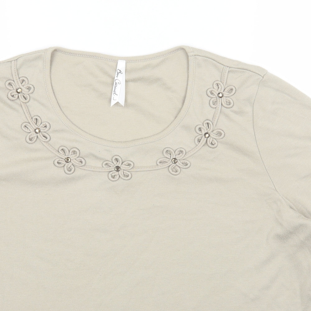 BM Womens Beige Polyester Basic T-Shirt Size L Round Neck