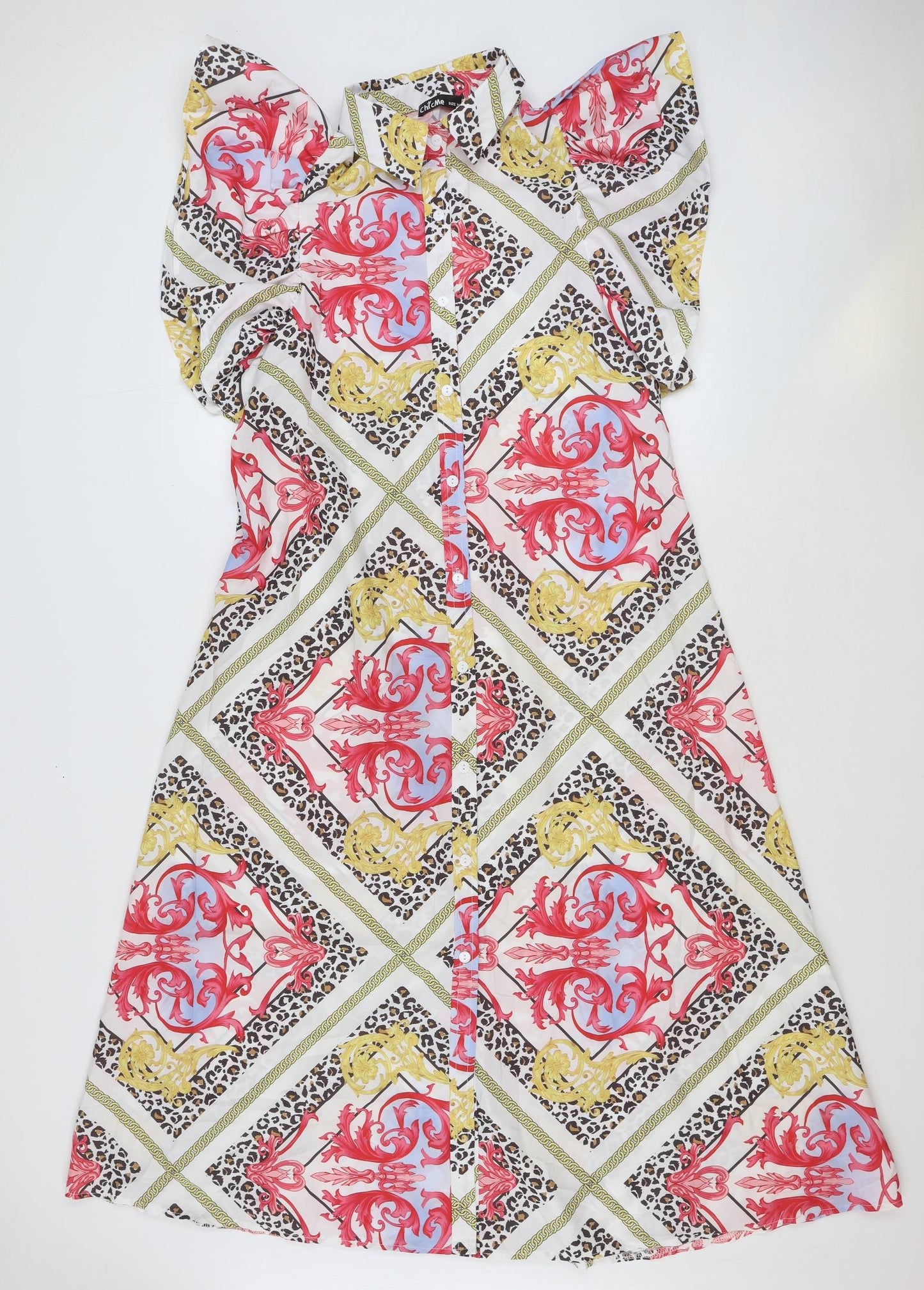 Chic Me Womens Multicoloured Geometric Polyester A-Line Size M Boat Neck Button