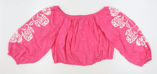 Marks and Spencer Womens Pink Floral 100% Cotton Cropped Blouse Size 20 Off the Shoulder