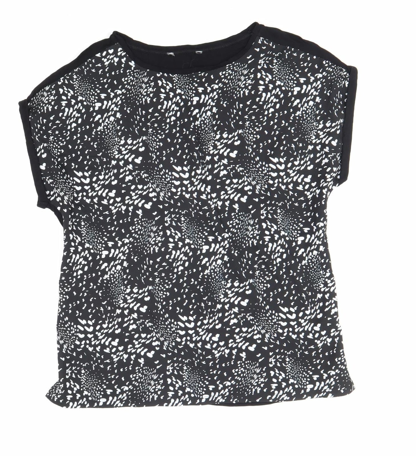 Preworn Womens Black Geometric Polyester Basic T-Shirt Size 12 Boat Neck