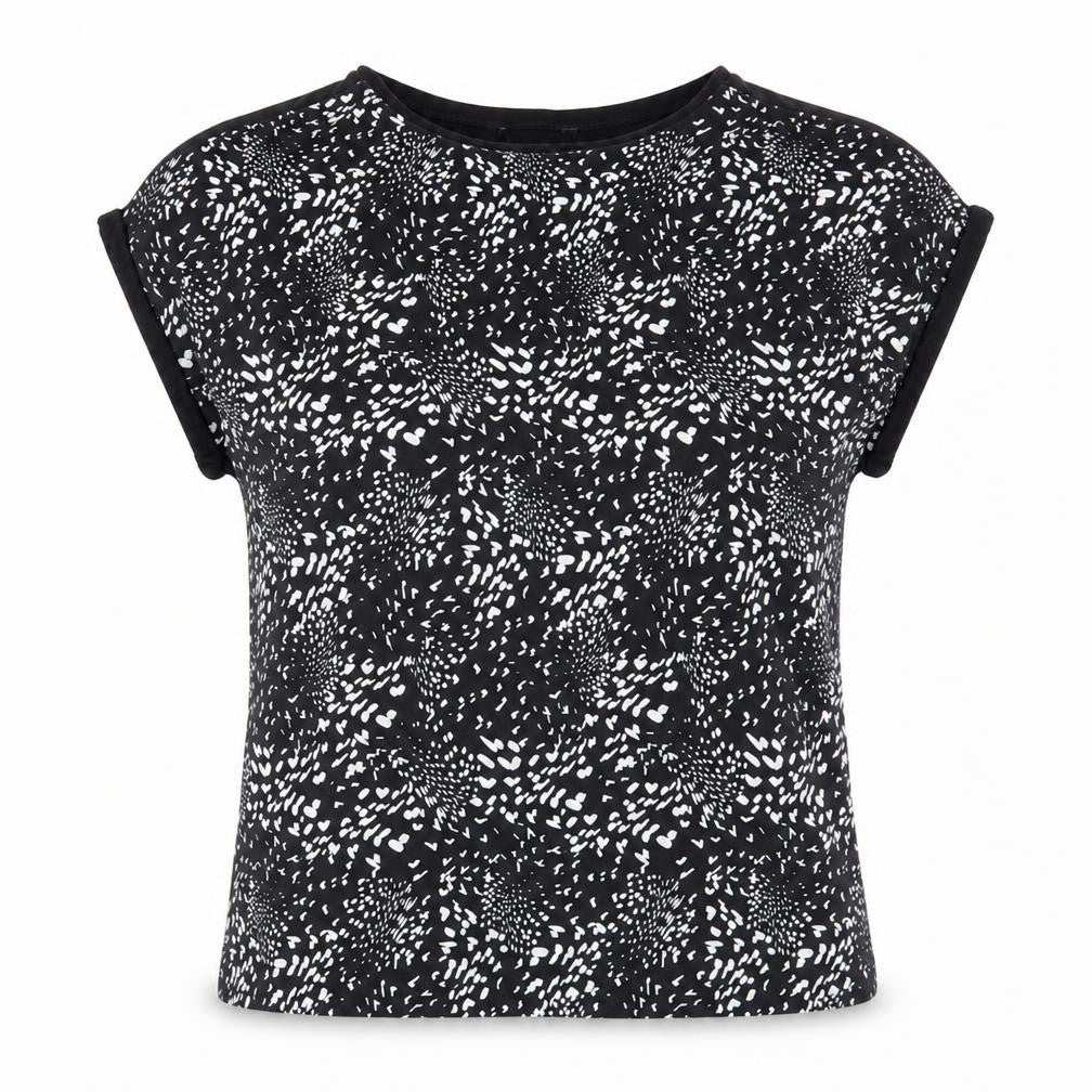 Preworn Womens Black Geometric Polyester Basic T-Shirt Size 12 Boat Neck