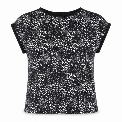 Preworn Womens Black Geometric Polyester Basic T-Shirt Size 12 Boat Neck