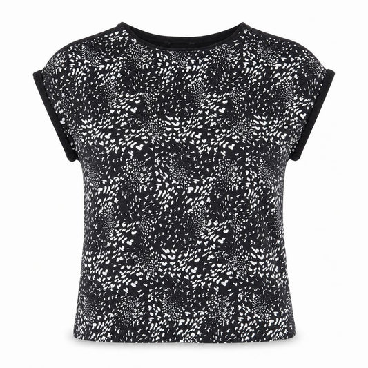 Preworn Womens Black Geometric Polyester Basic T-Shirt Size 12 Boat Neck