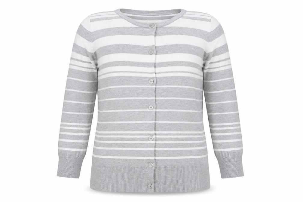 Country Casuals Womens Grey Round Neck Striped Viscose Cardigan Jumper Size S