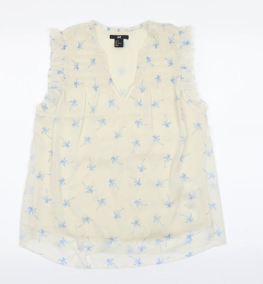 H&M Womens Ivory Floral Polyester Basic Blouse Size 4 V-Neck - Palm Tree Print