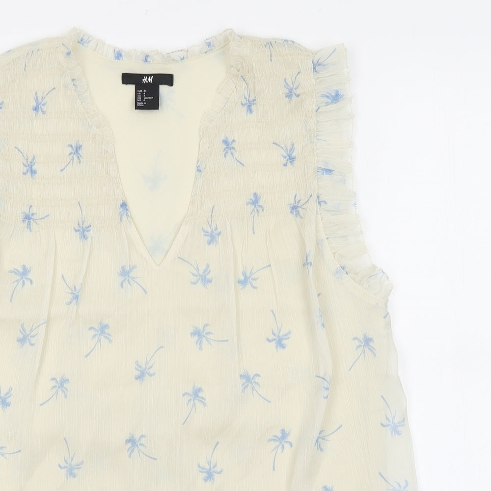 H&M Womens Ivory Floral Polyester Basic Blouse Size 4 V-Neck - Palm Tree Print