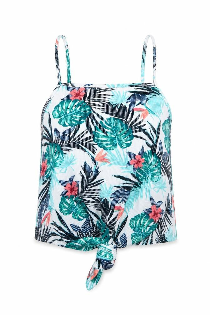 Primark Womens Multicoloured Geometric Polyester Basic Tank Size 12 Square Neck - Leaf Print Knot Front