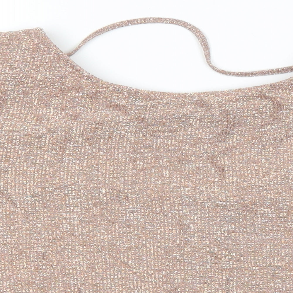 River Island Womens Pink Polyester Cropped T-Shirt Size 14 Round Neck - Metallic Detail