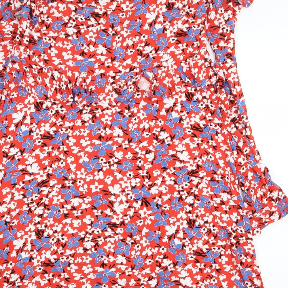 Very Womens Red Floral Viscose Shirt Dress Size 12 V-Neck Pullover