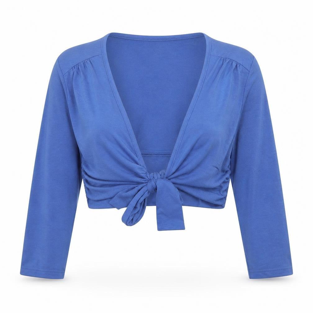Text Womens Blue Polyester Cropped T-Shirt Size S V-Neck - Knot Front