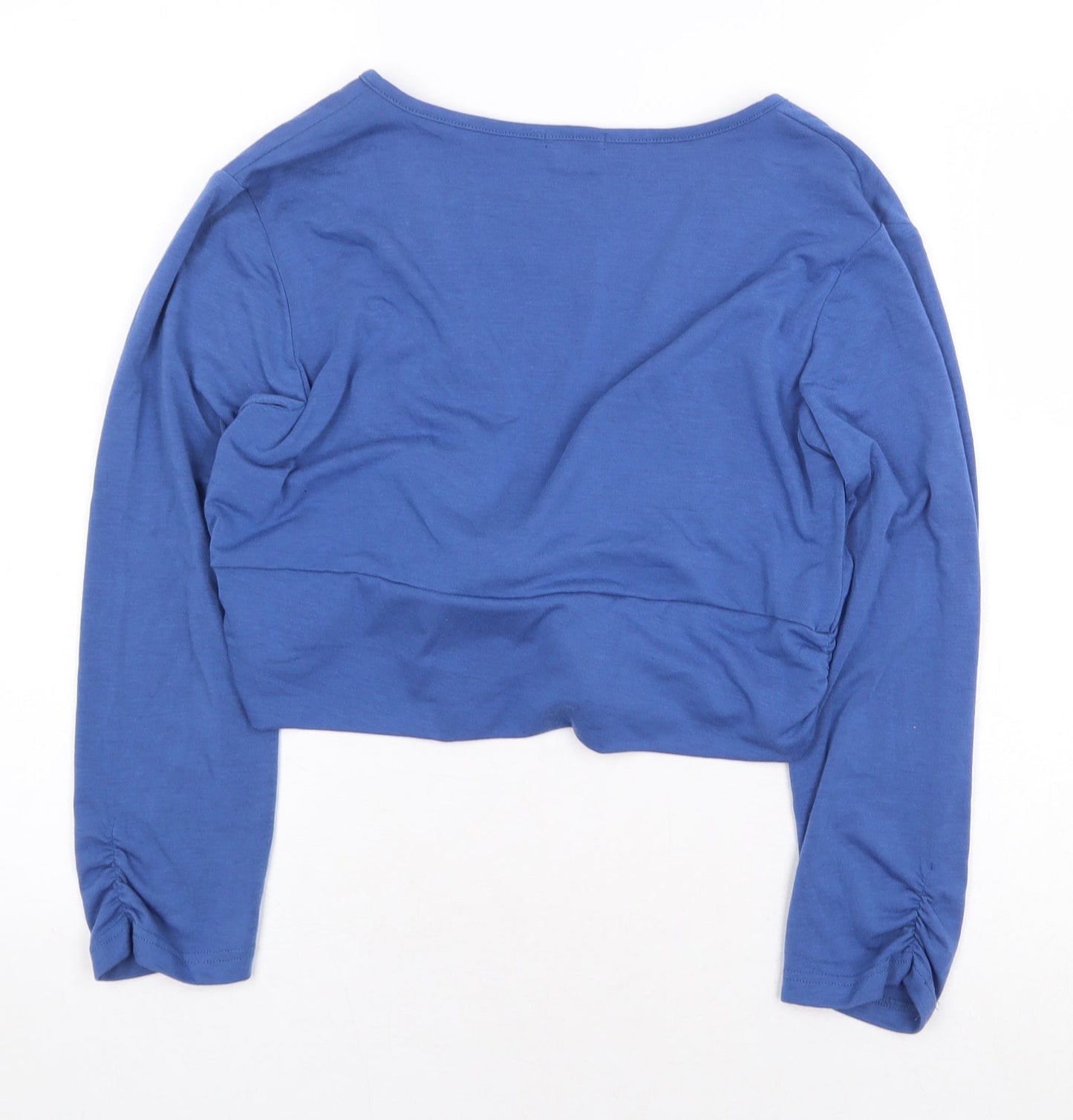 Text Womens Blue Polyester Cropped T-Shirt Size S V-Neck - Knot Front