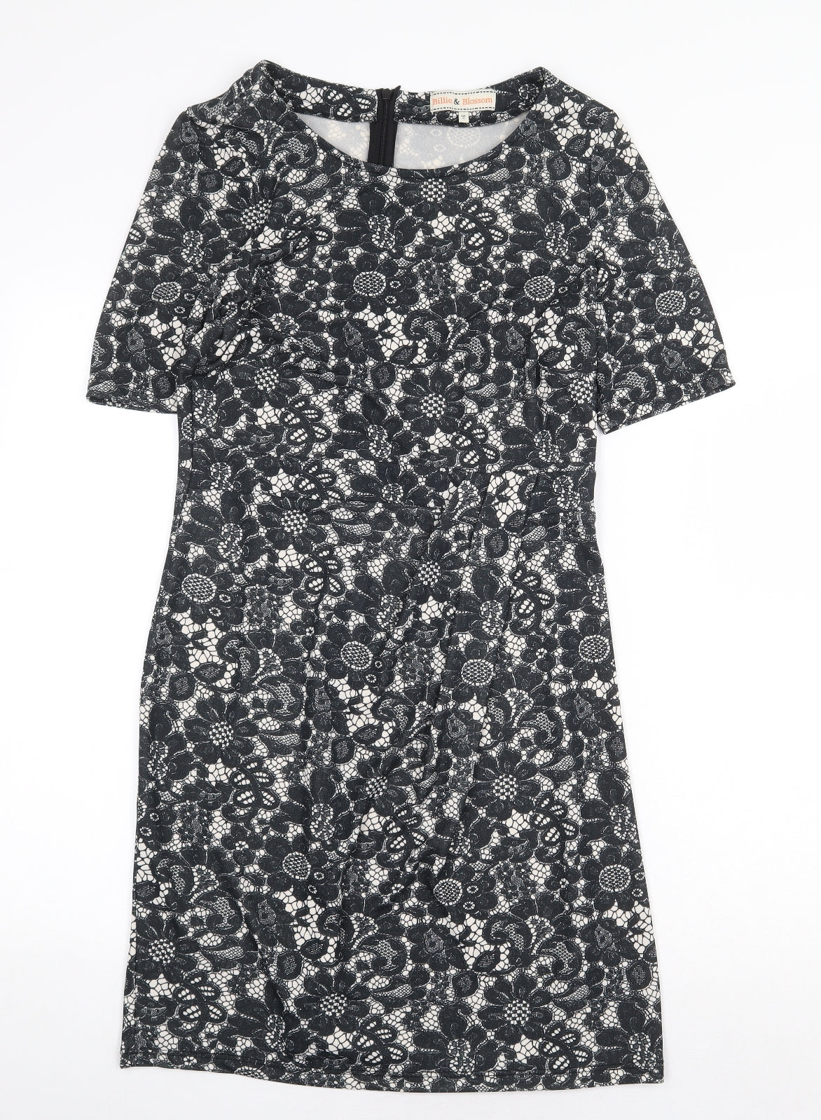 Billie & Blossom Womens Black Floral Polyester A-Line Size 12 Boat Neck Zip