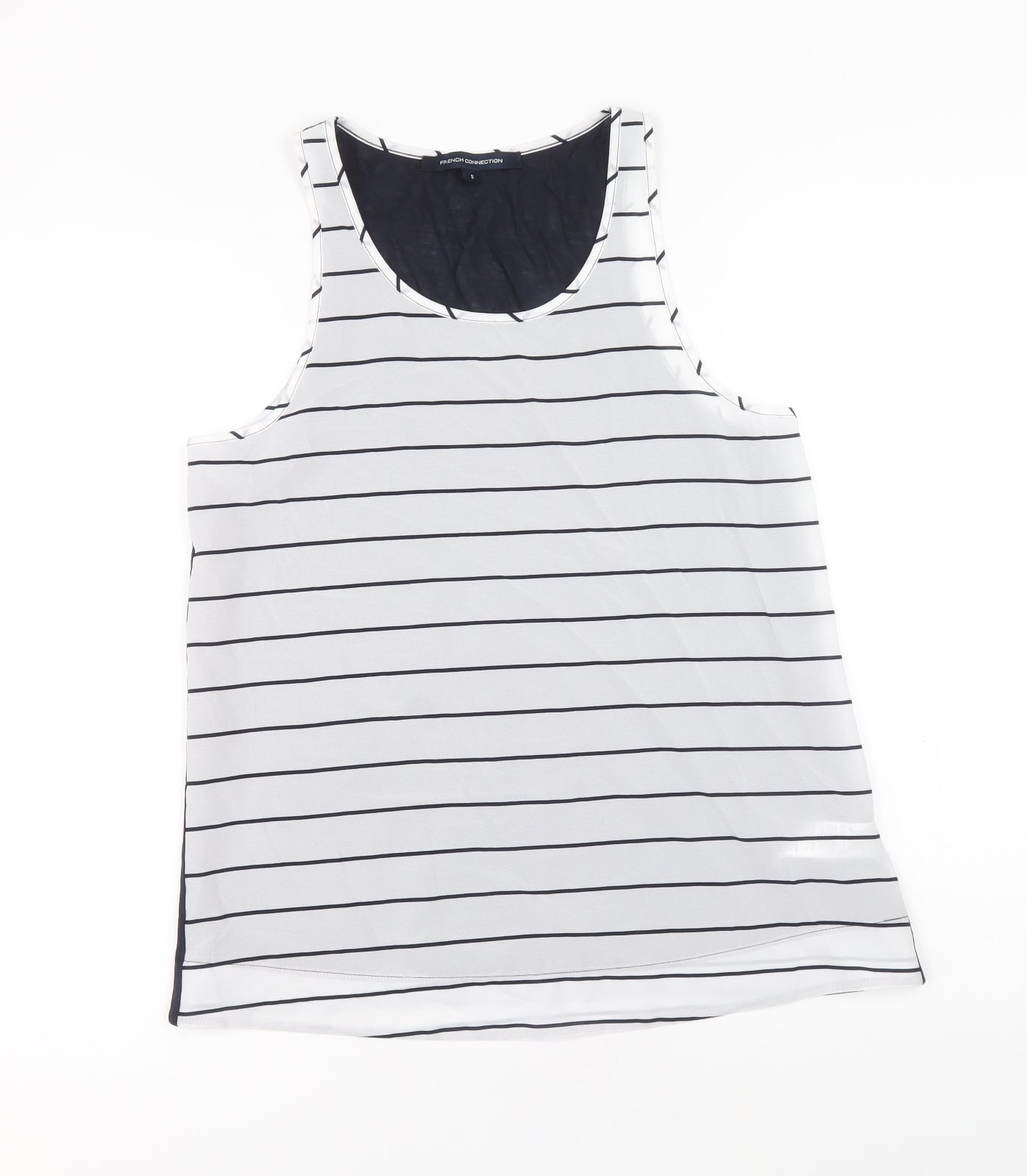 French Connection Womens White Striped Polyester Basic Tank Size S Round Neck