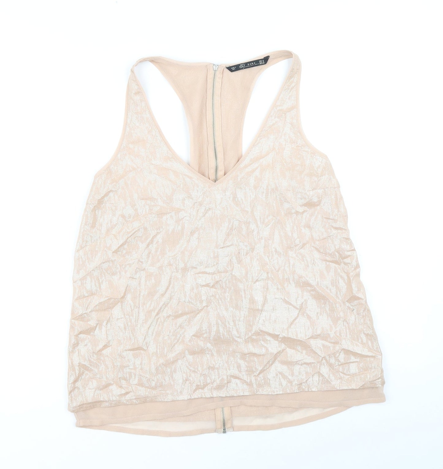 Zara Womens Pink Cotton Basic Tank Size M V-Neck - Metallic Detail