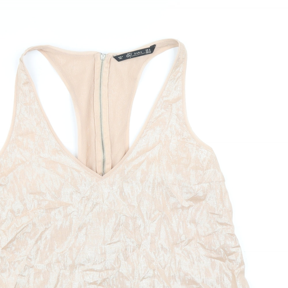 Zara Womens Pink Cotton Basic Tank Size M V-Neck - Metallic Detail