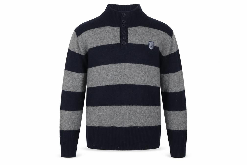 West Bromwich Albion F.C. Mens Blue High Neck Striped Wool Henley Jumper Size M - West Bromwich Albion F.C.