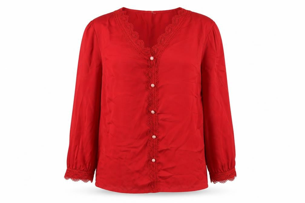 Urbanic Womens Red Polyester Basic Blouse Size S V-Neck - Lace Detail