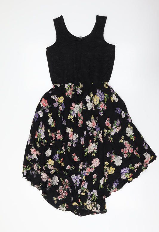 Max Womens Black Floral Polyester Tank Dress Size XS Scoop Neck Pullover
