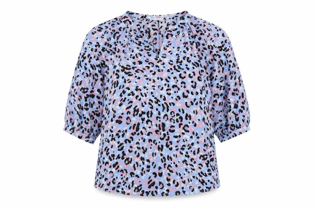 Papaya Womens Blue Animal Print Polyester Basic Blouse Size 10 V-Neck - Leopard Pattern