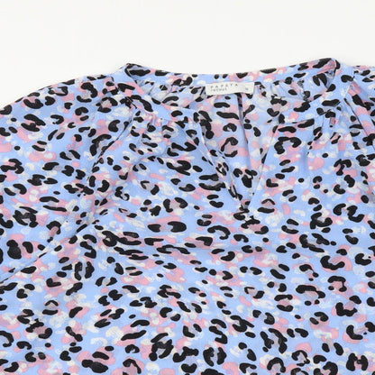 Papaya Womens Blue Animal Print Polyester Basic Blouse Size 10 V-Neck - Leopard Pattern
