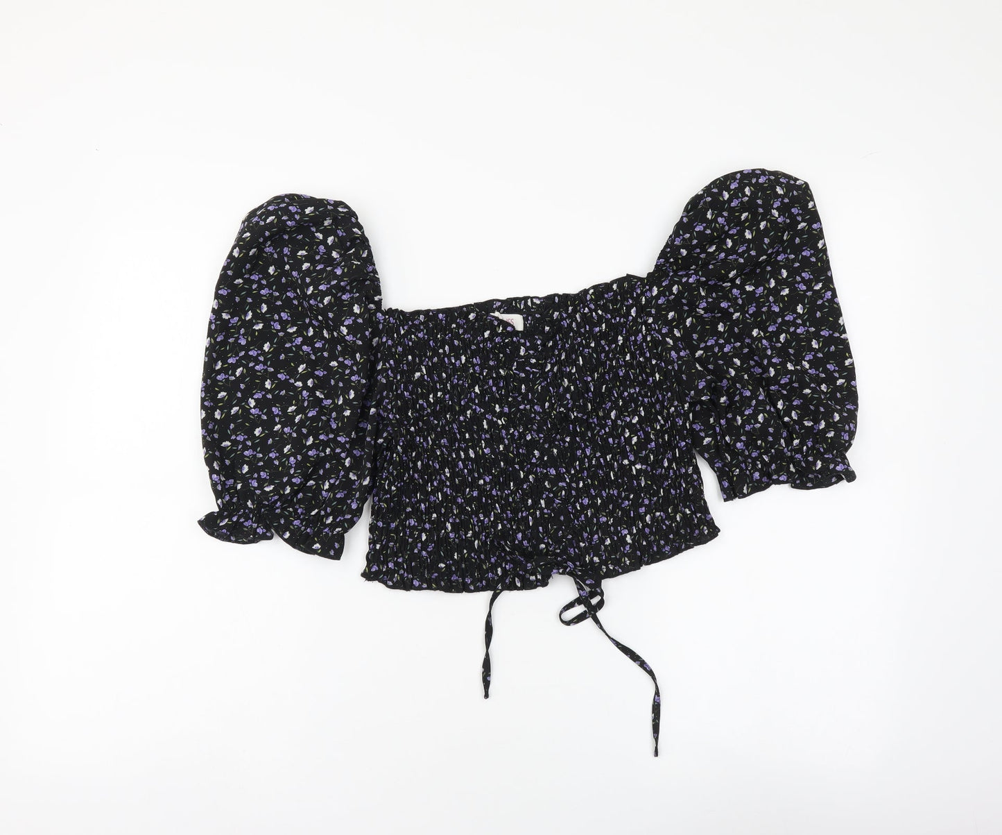 Urban Womens Black Floral Polyester Cropped Blouse Size 12 Square Neck