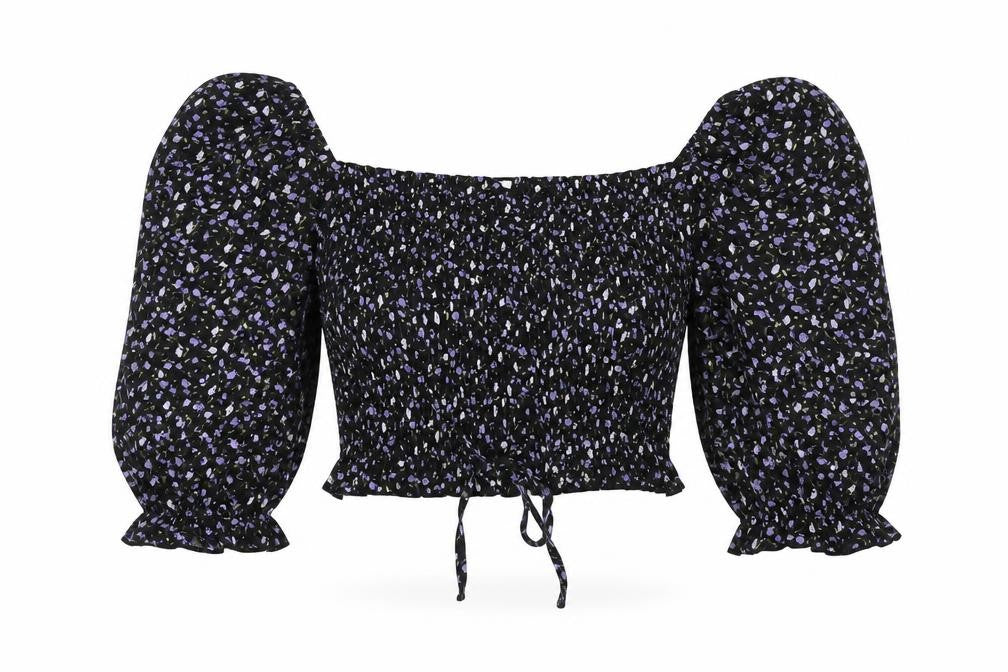 Urban Womens Black Floral Polyester Cropped Blouse Size 12 Square Neck
