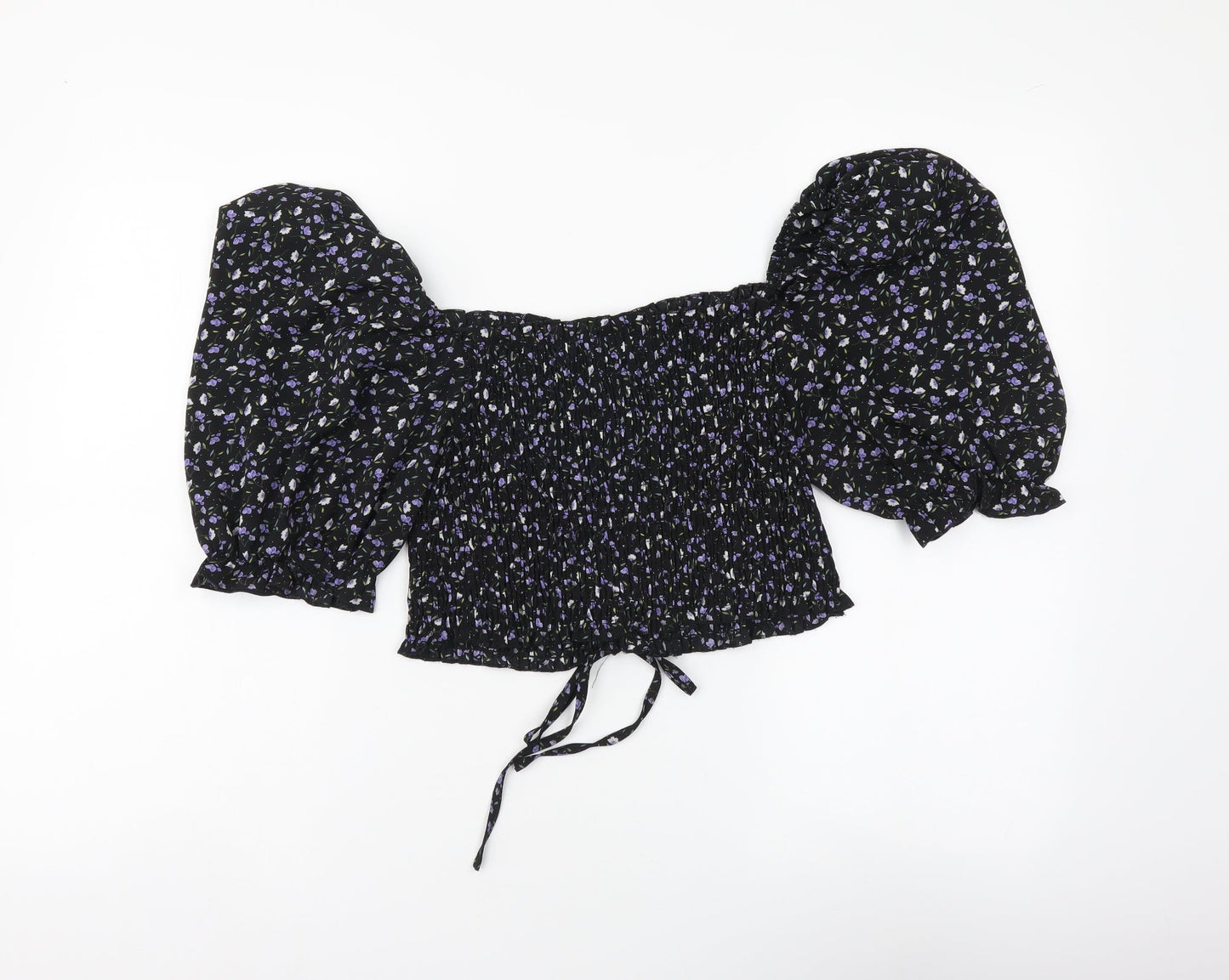 Urban Womens Black Floral Polyester Cropped Blouse Size 12 Square Neck