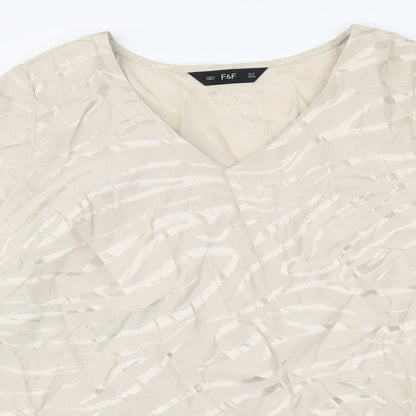 F&F Womens Beige Geometric Polyester Basic Blouse Size 10 V-Neck