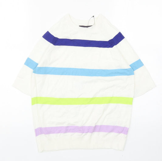 Marks and Spencer Womens White Round Neck Striped Cotton Pullover Jumper Size S