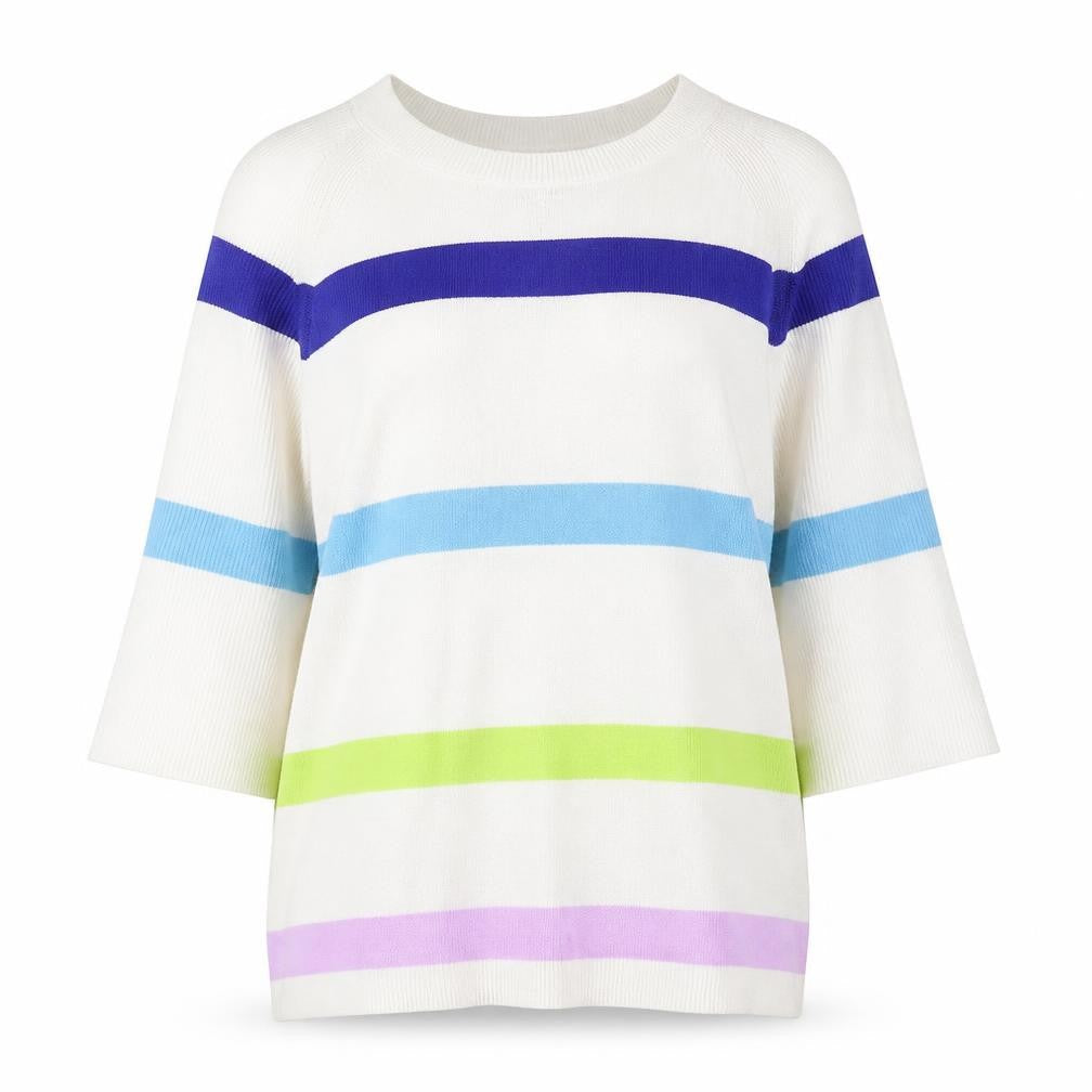 Marks & Spencer Womens White Round Neck Striped Cotton Pullover Jumper Size S
