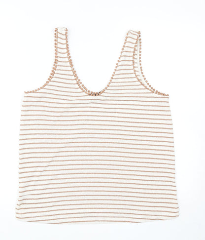 Marks & Spencer Womens Beige Striped Viscose Basic Tank Size 14 Scoop Neck